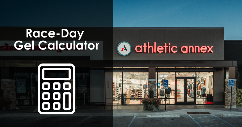 Front entrance of Athletic Annex running store with Race-Day Gel Calculator graphic and calculator icon overlay