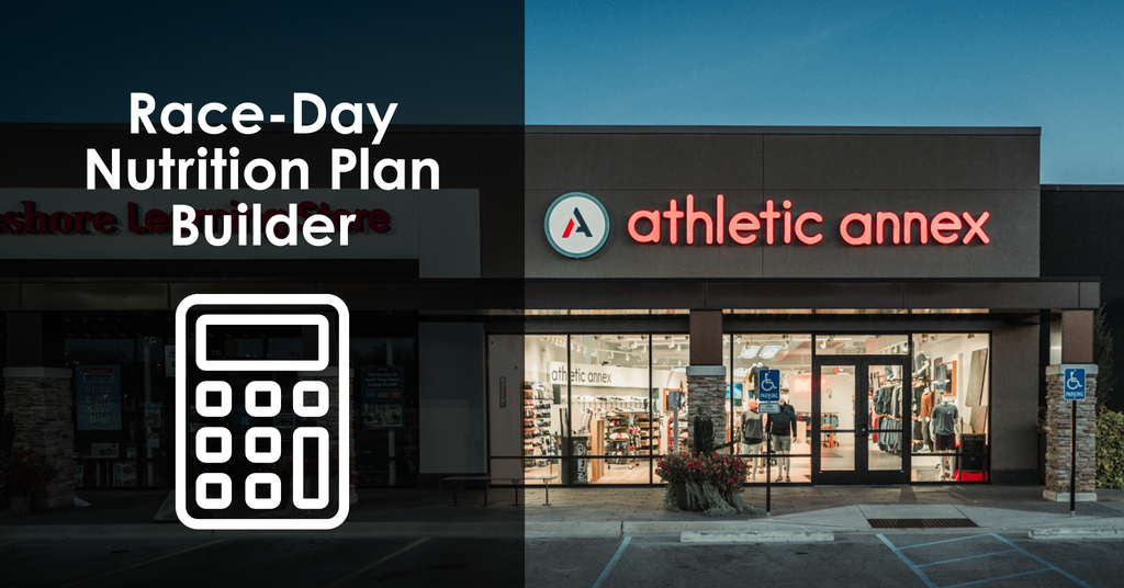Front of Athletic Annex running store with Race-Day Nutrition Plan Builder graphic and calculator icon overlay