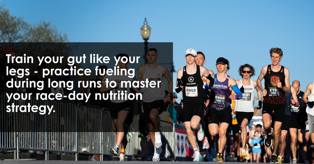 Group of runners racing outdoors under blue sky with text overlay about practicing fueling during long runs for race-day nutrition