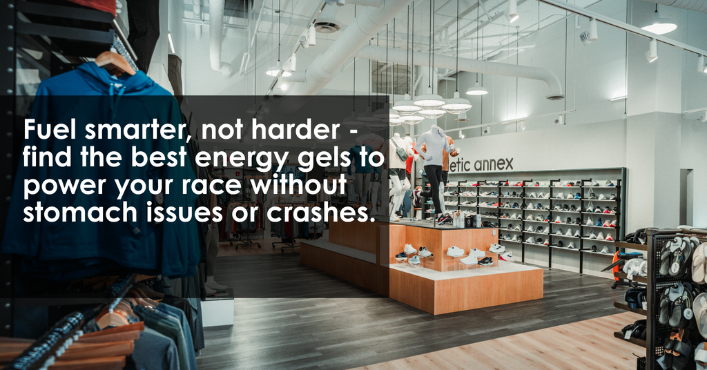 Athletic Annex running store interior with text overlay promoting energy gels to fuel races without stomach issues or crashes