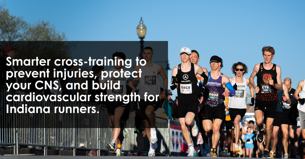 Group of Indiana runners racing outdoors, representing how cross-training improves performance, prevents injuries, and enhances cardiovascular and nervous system strength.