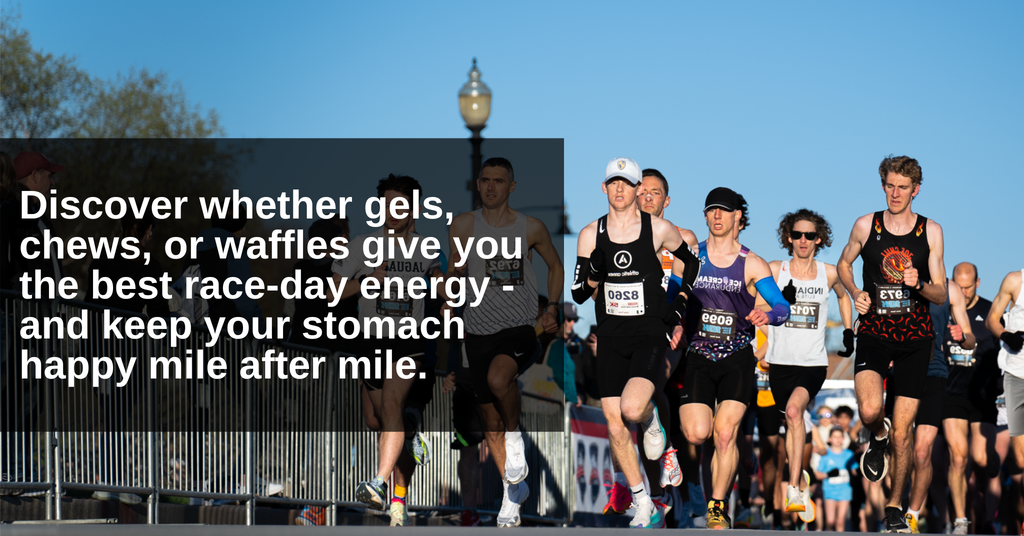 Group of runners racing in Indianapolis wearing race bibs, with blog header about choosing between gels, chews, or waffles for optimal race-day fueling.