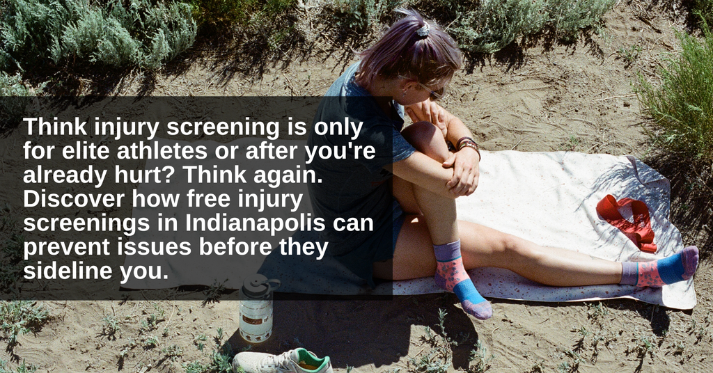 Runner sitting on a towel outdoors checking their leg after a workout, with blog header about free injury screenings in Indianapolis for runners