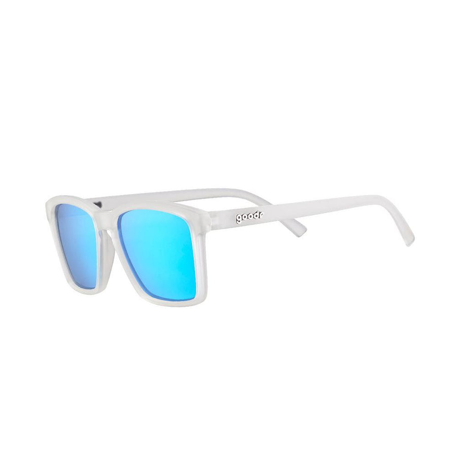A pair of sunglasses with a white frame and blue mirrored lenses.